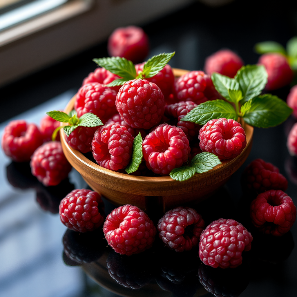 Capture a close-up shot of fresh raspberries arranged in a wooden bowl on a reflective black surface, using a Canon EOS R5 camera with a 50mm f/1.2 lens, aperture set to f/2.8 for shallow depth of field, ISO 100, shutter speed 1/200 sec, natural soft lighting to enhance colors and texture.