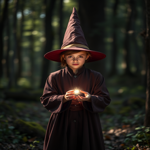 Create an ethereal portrait of a young wizard with a long, pointed hat standing in a mystical forest, capturing a glowing spell in their hands, set with a Canon EOS R5, 50mm lens, f/1.8, ISO 100, with soft bokeh background, dramatic natural lighting, and a cinematic atmosphere.