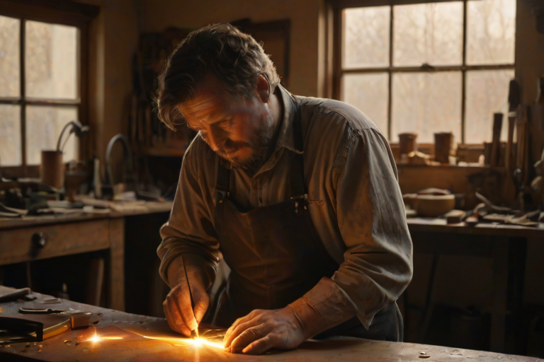 Warmly lit photo of an artisan working in a small, dimly lit leather workshop, tools and materials scattered around, with soft golden light streaming through a high window.