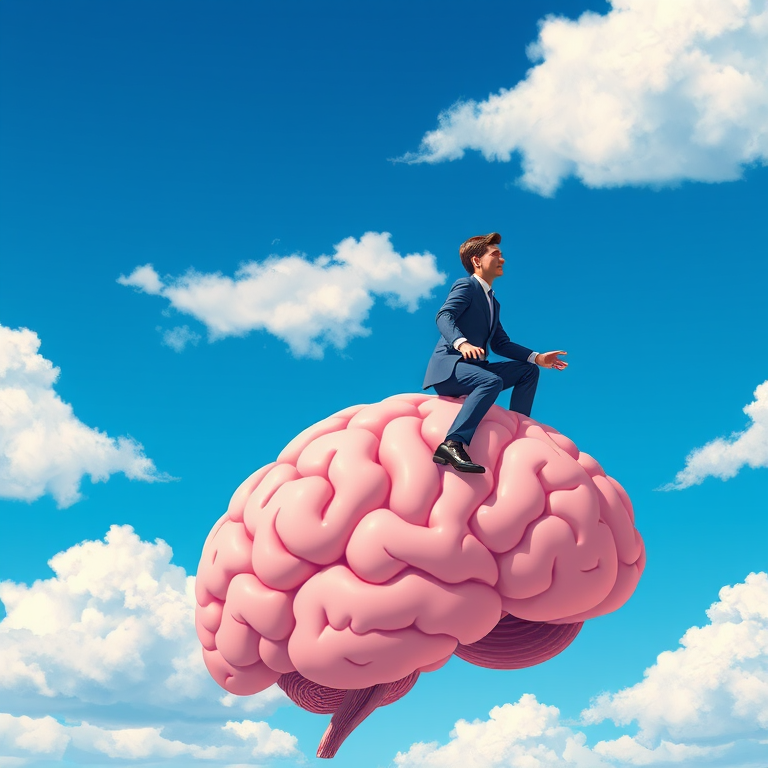 Create an illustration of a man in a suit riding a giant pink brain against a bright blue sky with fluffy white clouds, using high-resolution digital art style, shot with a 50mm lens at f/2.8 for a shallow depth of field, with vibrant colors and clean lines for enhanced clarity.