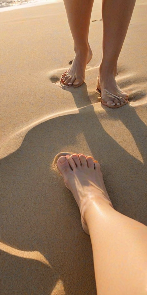 Close-up of a woman’s feet in sandals, standing on a sandy beach, with soft waves lapping at her ankles and a bright sun casting a warm glow over the scene.