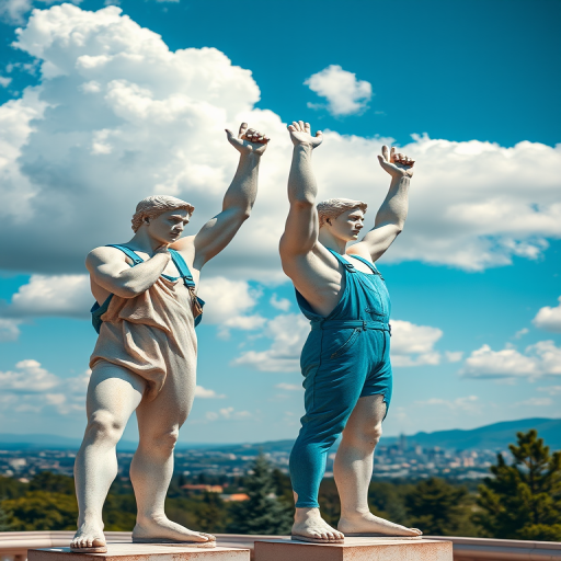 Generate an image of two marble statues of muscular men in blue overalls with their arms raised, standing against a bright blue sky with fluffy white clouds and a distant city skyline, using a Canon EOS R5 with a 24-70mm lens, f/8 aperture, ISO 100, shot from a low angle to enhance depth and detail.