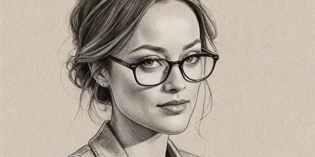 Gorgeous Olivia Wilde, pencil sketch, portrait of Exquisite woman 1931s in glasses, hair style beatnik, outline, clear lines, fine lines, 8k