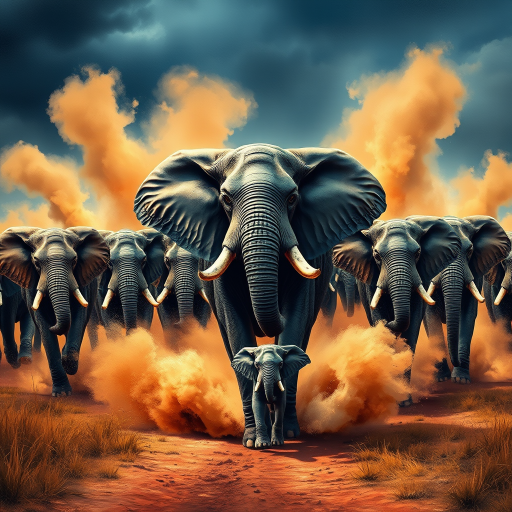 vivid colourful hyper-realistic Oil Painting. a charging group of many large angry elephants. A huge dominating bull elephant leads with huge white tusks ears. Includes a  baby elephant.  Lots of swirling dust whirling around them rising high and being kicked by their feet. Dark dramatic blue-grey fills the sky with warm breaking through. Colourful oil painting style. dry grass on the ground on each side. dark soft graduated band across top of picture. Warm colour. Art Look added in Topaz.
