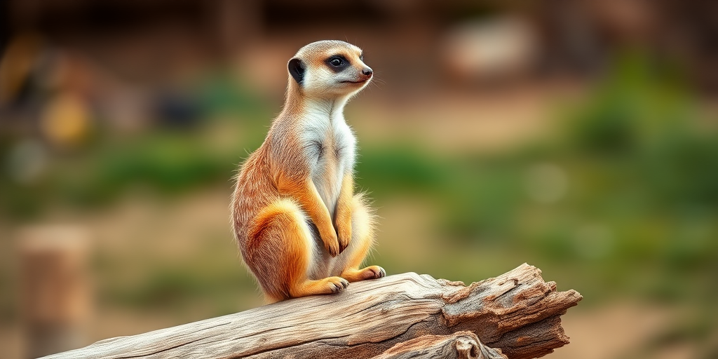 A meerkat perched on a log with a blurred natural background, shot with a DSLR camera at f/5.6, ISO 200, 1/200 sec, using a 50mm lens and natural lighting for a soft, warm effect.