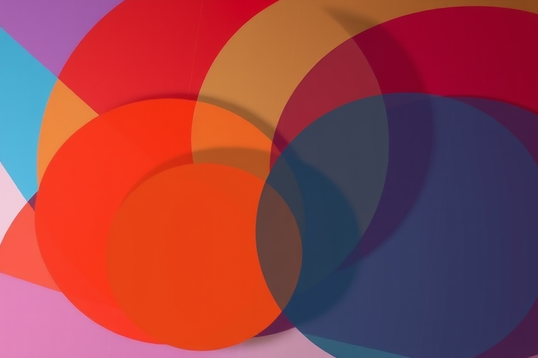 Create an abstract geometric design featuring overlapping circles and triangles in vibrant colors, captured with a Canon EOS R5 at f/8, ISO 100, 1/60 sec, using a wide-angle lens for depth and clarity in a studio lighting setup.