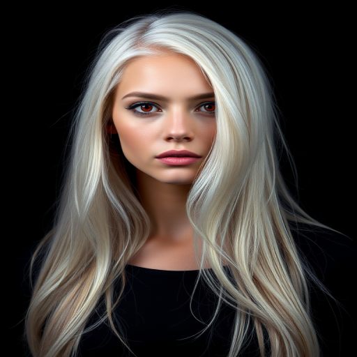 Create a high-resolution digital portrait of a woman with long, white hair and striking red eyes, set against a plain black background, using a DSLR camera with a 50mm lens at f/1.8, ISO 100, 1/200 sec shutter speed, and overhead lighting for dramatic effect.