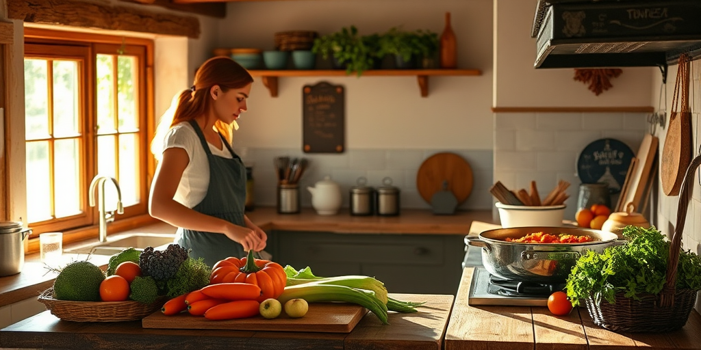 Rustic farmhouse kitchen, with fresh vegetables on the counter, a woman cooking a hearty stew, and sunlight streaming through the window, creating a cozy ambiance.