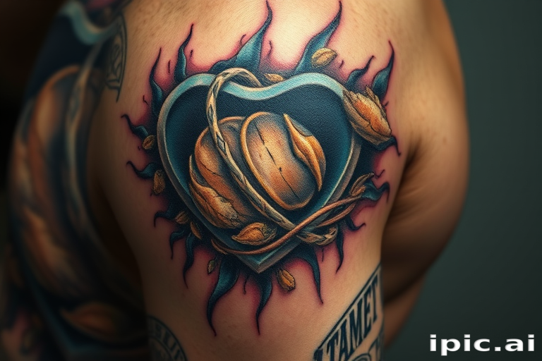 Realistic 3D tattoo titled "Illusion of Depth" creating a trompe l'oeil effect with hyperrealistic textures and shadows giving the appearance of objects emerging from or sinking into the skin
