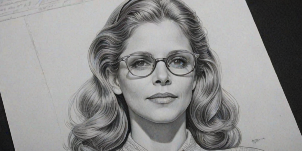 Dazzling Lindsay Wagner, pencil sketch, portrait of Magnificent woman 1936s in glasses, hair style beatnik, outline, clear lines, fine lines, 8k