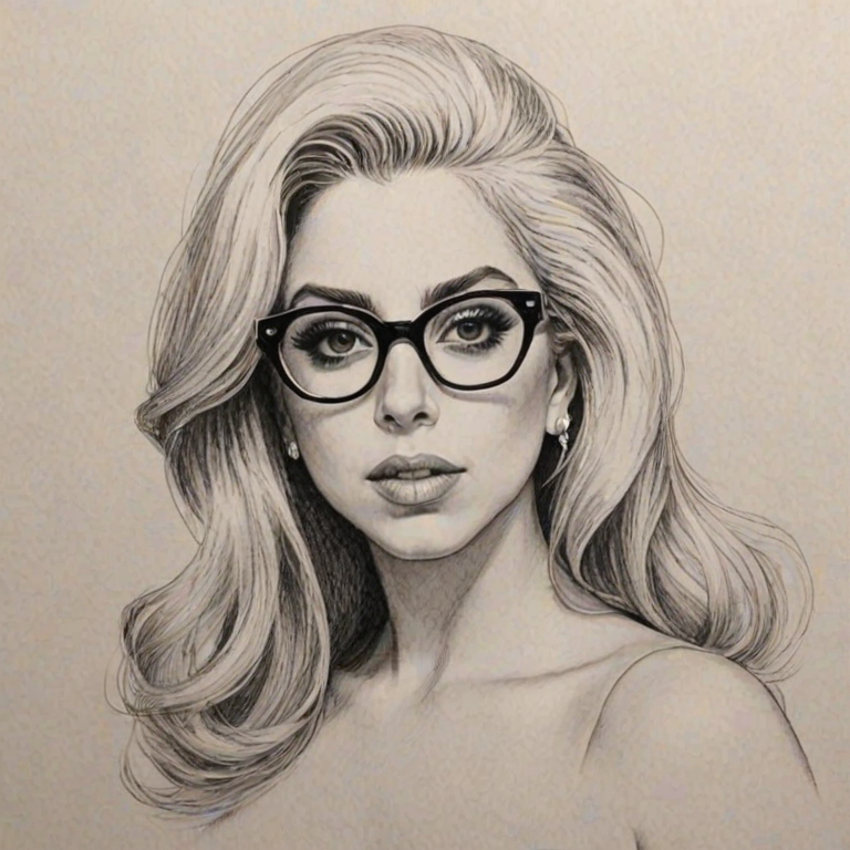 Comely Lady Gaga, pencil sketch, portrait of Bewitching woman 1962s in glasses, hair style beatnik, outline, clear lines, fine lines, 8k