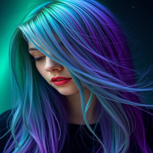 Mystical image of a person with Aurora Borealis locks, shimmering greens and purples in a long, straight cut with wispy, floating tendrils