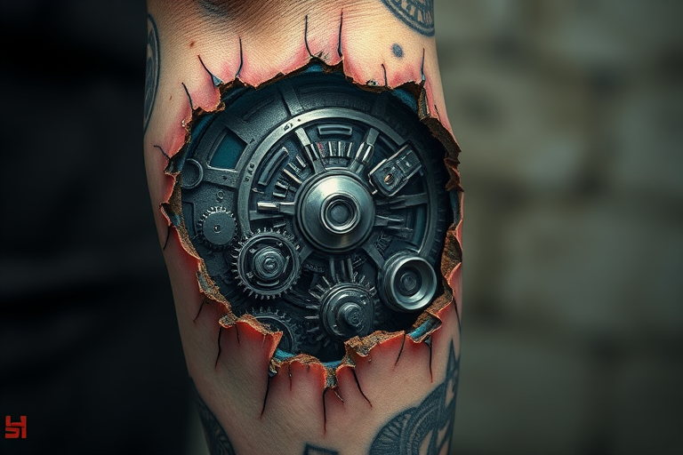 Surrealistic biomechanical tattoo on the arm revealing metallic gears and circuitry beneath torn skin with hyper-realistic details and a futuristic color palette