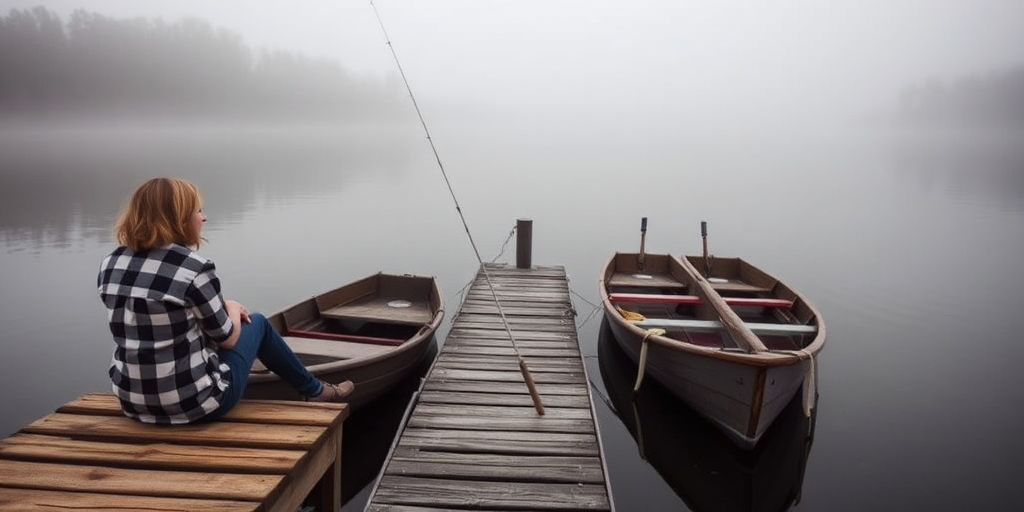 Small dock by a misty lake, with old wooden rowboats tied to the pier, a woman in a flannel shirt sits at the edge, feet dangling, her fishing pole resting beside her.
