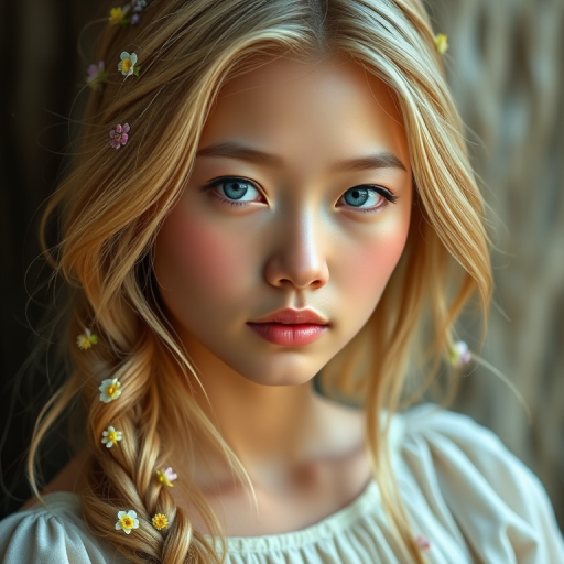 Create an image of a young Hmong woman with long, wavy blonde hair, adorned with small, colorful flowers woven into her braids and loose strands. Her complexion is fair, with soft, glowing skin, and she has light blue eyes that gaze softly at the viewer. She wears a light, flowing dress with a gentle, ethereal quality, complementing her delicate and serene appearance. The background is slightly blurred, drawing focus to her tranquil expression and the intricate details of the flowers in her hair. The overall mood of the image is one of natural beauty and grace, evoking a sense of peacefulness and connection with nature.