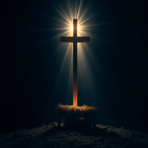 Create an image of a serene night scene featuring a radiant cross shining down from above. The light beams down onto a humble manger filled with hay, set in a dark, starry sky. The atmosphere should convey peace and hope, with soft illumination highlighting the manger below the cross.