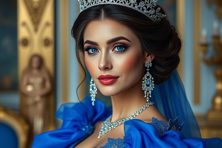 A gorgeous Metis woman in a luxurious blue gown, accessorized with a dazzling tiara and statement earrings, her deep blue eyes highlighted by impeccable makeup, poised in a royal setting, photorealistic, 8K quality