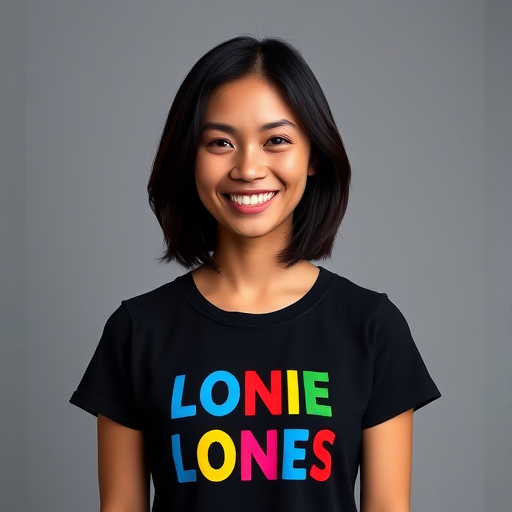 Generate an image of a smiling woman with shoulder-length black hair, wearing a black t-shirt with colorful text, standing in a neutral gray background, camera settings: f/2.8, ISO 100, shutter speed 1/200s, camera view: frontal, camera style: professional portrait, camera type: DSLR.