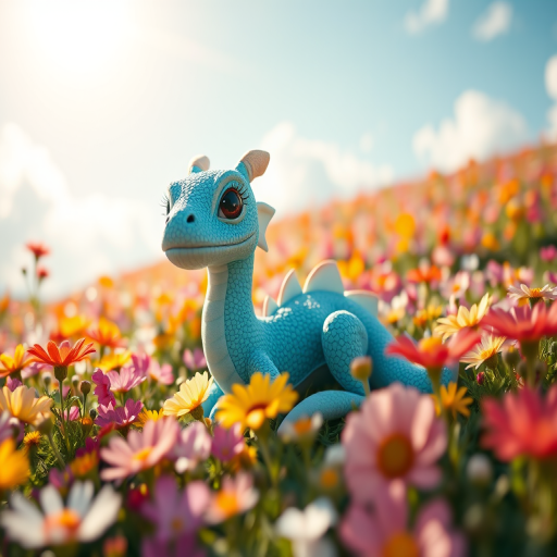 A cute pastel blue dragon resting in a colorful flower field under a bright sky, soft sunlight illuminating the scene, camera settings: f/2.8, ISO 100, shutter speed 1/250s, camera view: eye-level, camera style: cinematic, camera type: DSLR.