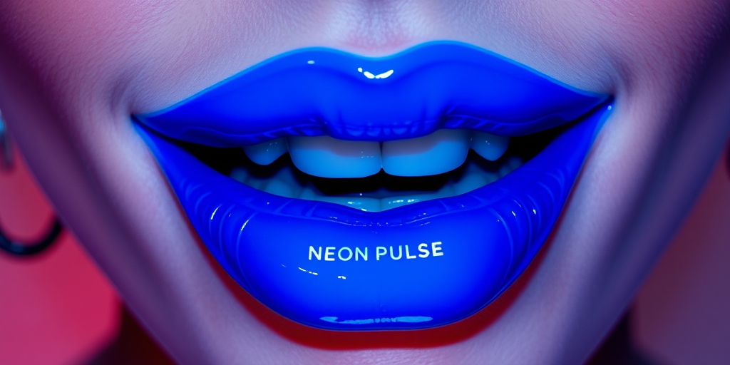 Electric blue lips named "Neon Pulse" boast a vivid, eye-catching hue with a vinyl finish, perfect for futuristic and cyberpunk-inspired fashion statements