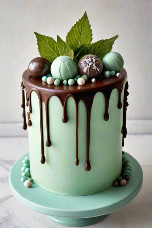 Create an image of a tall, elegant cake with a smooth mint green icing. The cake features various decorations including geometric shapes, chocolate pieces, and small pearls. There are drips of icing cascading down the sides, and the top is adorned with a few mint leaves and a cluster of decorative elements. The cake is displayed in a clear box to emphasize its design.