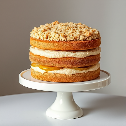 Create an image of a layered cake with visible layers of sponge cake and creamy filling topped with a crumbly topping on a white cake stand set against a neutral background. The cake should have a rustic and homemade appearance with hints of apple filling peeking through the layers.