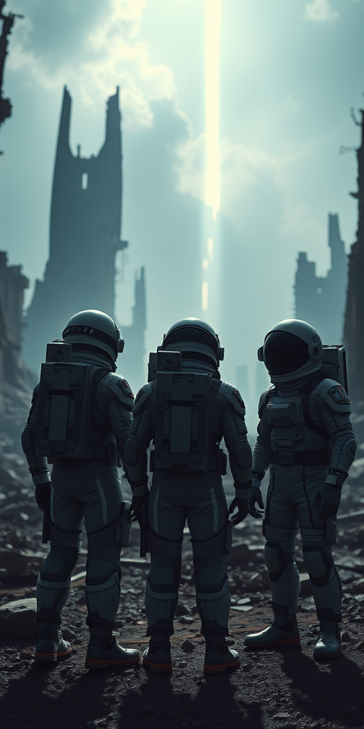 Three astronauts in futuristic suits standing in a ruined cityscape with tall, broken structures illuminated by a beam of light, captured with a Canon EOS R5, ISO 100, f/8, 24mm lens, wide-angle view, high dynamic range photography, dramatic shadows and highlights to enhance depth and detail.