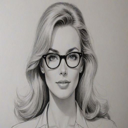 Delightful Alana Stewart, pencil sketch, portrait of Gorgeous woman 1950s in glasses, hair style beatnik, outline, clear lines, fine lines, 8k