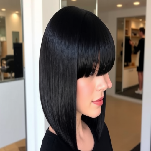Sleek jet-black hip-length hair with blunt ends, pin-straight styling showcasing mirror-like shine, embodying timeless elegance and sophistication
