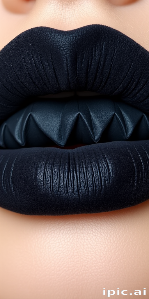 Velvet-textured charcoal lips make a bold statement in the "Midnight Velour" design, featuring a deep, smoky grey hue with a soft, touchable finish that adds depth and drama to any makeup look, perfect for edgy fashion events or creating a striking contrast against pale skin tones