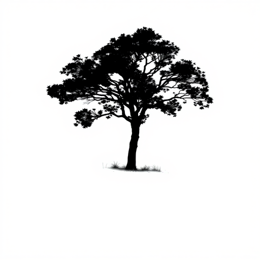 Generate a high-resolution illustration of an abstract black silhouette of a tree against a white background, shot with a Canon EOS R5 at f/8, ISO 100, 50mm lens, using a minimalistic style and top-down view.