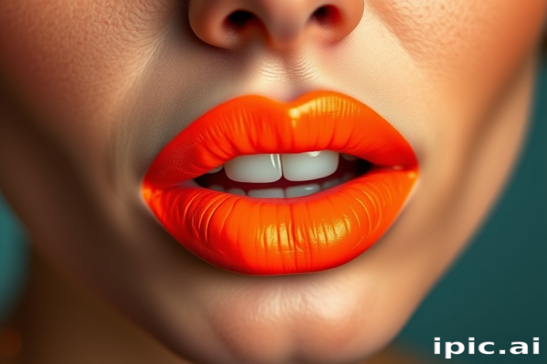 Fierce neon orange lips with a matte finish, vibrant and energetic, demanding attention and radiating confidence