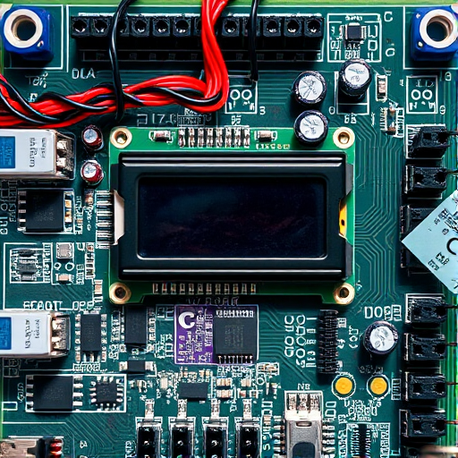 Generate a detailed image of a microcontroller board layout with an LCD display and various components, using a Canon EOS 5D Mark IV camera, aperture f/2.8, ISO 100, 24mm focal length, shot from a top-down view in natural lighting to enhance clarity and color vibrancy.
