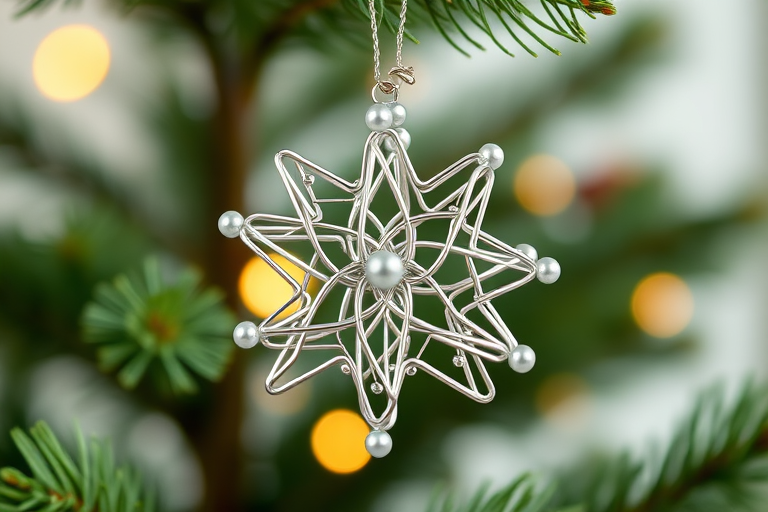 Generate an image of a decorative star ornament made of intertwined silver wire and beads, hanging from a green Christmas tree branch with a soft, blurred background. The focus should be on the intricate details of the star and the sparkling beads.