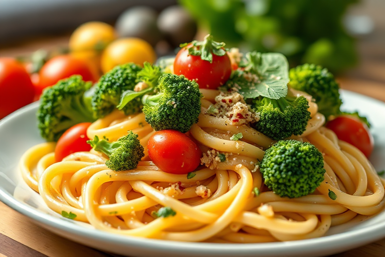 A plate of vibrant fettuccine pasta topped with fresh broccoli, cherry tomatoes, and herbs, captured with a Canon EOS R5, 50mm lens, f/2.8 aperture, natural daylight, shallow depth of field, soft focus on background.