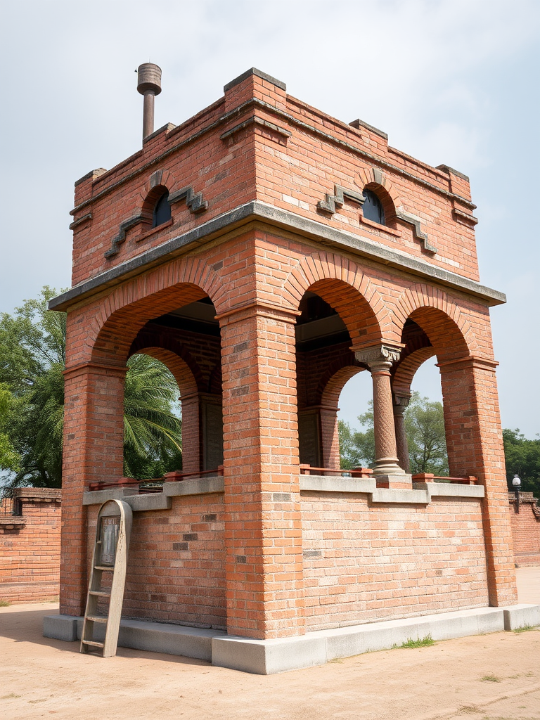 Capture a detailed shot of a vintage guard tower with weathered brick structure, focusing on the unique architectural features, using a DSLR camera, aperture f/8, ISO 100, shutter speed 1/200 sec, 50mm lens, natural lighting, taken at eye level for a realistic perspective.
