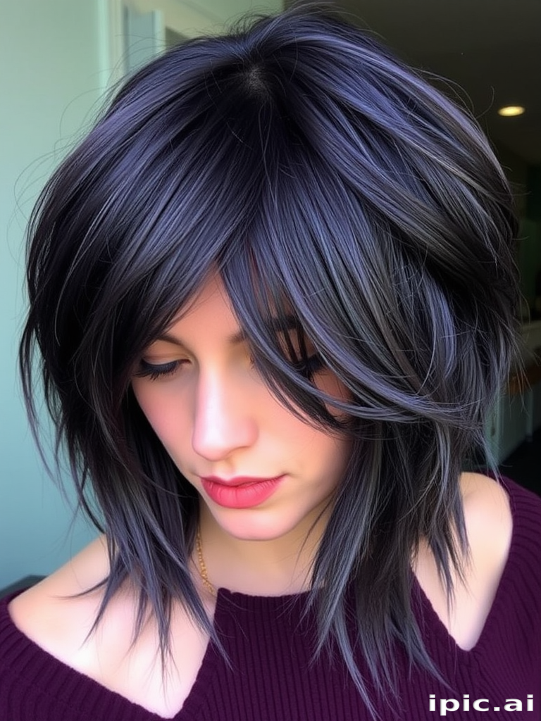 Mysterious deep purple hair with smoky gray undertones, styled by Violet Shadow, showcasing a textured lob cut with choppy layers and subtle silver metallic accents