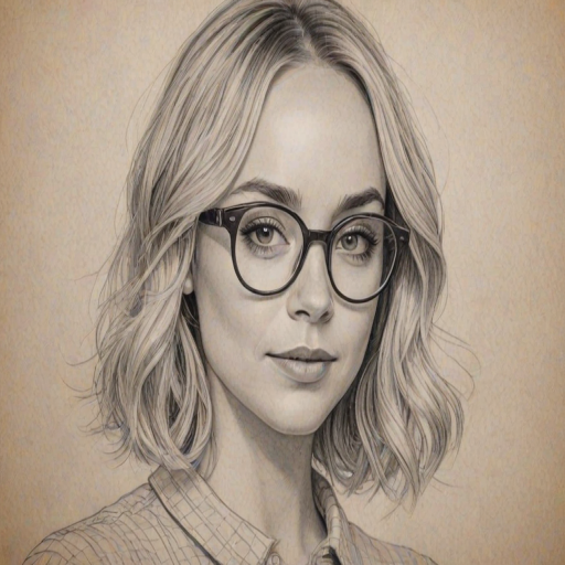 Radiant Becca Tobin, pencil sketch, portrait of Magnificent woman 1922s in glasses, hair style beatnik, outline, clear lines, fine lines, 8k
