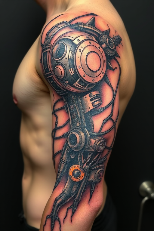 Biomechanical tattoo named "Cybernetic Fusion" blending organic forms with mechanical elements to create the illusion of exposed robotic parts beneath the skin, admired for its intricate detailing and futuristic aesthetic