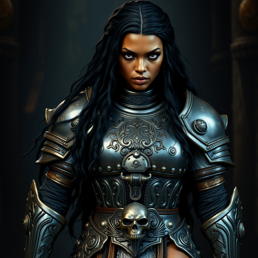 Create a photo of a fierce Yoruba female warrior with long black hair, wearing an ornate, metallic armor. The armor includes a breastplate with intricate designs, shoulder guards, and gauntlets. The breastplate is decorated with a central emblem, possibly representing a mythical symbol, and has a sculpted, form-fitting design. She wears a belt with a large skull ornament at the center, and her armor extends into a partial skirt, revealing one leg. The overall look is both protective and stylish, with a dark, gothic aesthetic. The background is dimly lit, suggesting a medieval or fantasy setting, enhancing the warrior's imposing presence and intense expression.