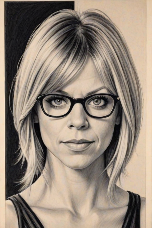 Elegant Kaitlin Olson, pencil sketch, portrait of Splendid woman 1929s in glasses, hair style beatnik, outline, clear lines, fine lines, 8k