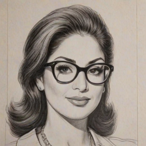 Fetching Gloria Estefan, pencil sketch, portrait of Enticing woman 1963s in glasses, hair style beatnik, outline, clear lines, fine lines, 8k