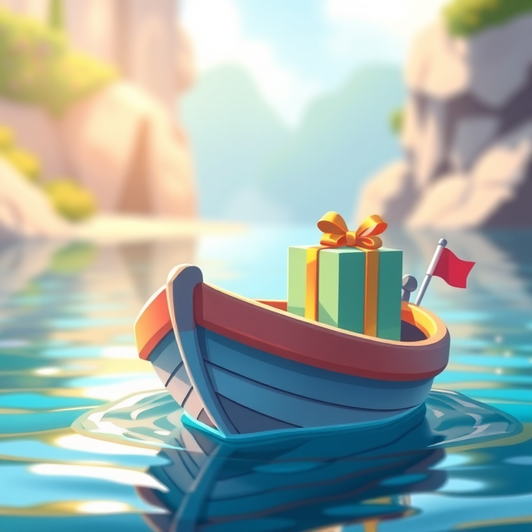 Create a vibrant illustration of a cartoon-style boat with a gift on top, using a colorful palette and smooth edges, shot from a slightly elevated angle, in a digital art style with a high-resolution finish, simulating a DSLR effect with a shallow depth of field.