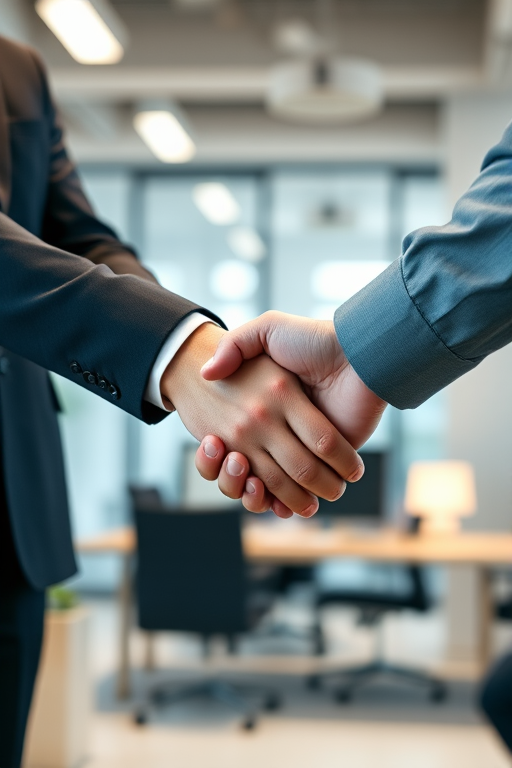 create an image of two hands shaking in an office setting with a soft focus background at f/2.8 aperture, 1/125 shutter speed, ISO 100, using a DSLR camera with a 50mm lens in a portrait orientation for enhanced detail and clarity