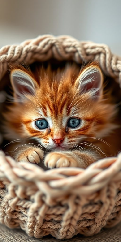 Capture a close-up shot of a fluffy brown kitten with big blue eyes resting in a cozy knitted basket, using a DSLR camera with a 50mm lens, aperture set to f/1.8, ISO 200, and natural soft lighting for enhanced image quality.