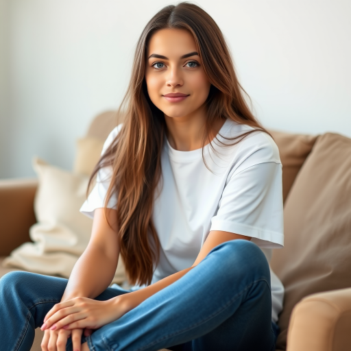 Portrait of a young woman sitting on a couch wearing a white t-shirt and blue jeans, natural lighting, 50mm lens, f/2.8 aperture, shallow depth of field, DSLR camera, soft focus background, warm color tones.