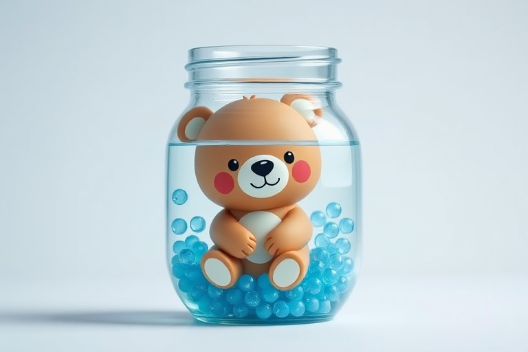A cute cartoon bear sitting in a jar filled with blue water beads, with a soft gradient background, 35mm lens, f/2.8 aperture, ISO 100, studio lighting, high-resolution digital camera.