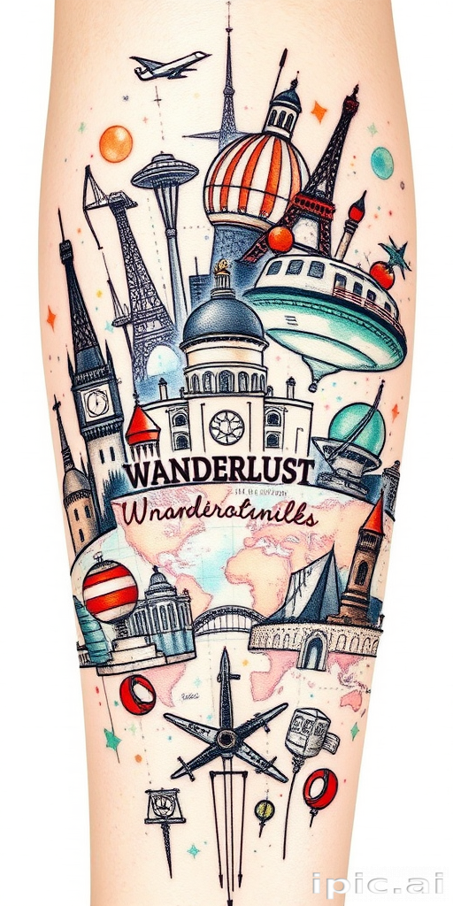 Sketch-style tattoo named "Wanderlust Chronicles" showcasing a travel-themed collage of landmarks, maps, and cultural symbols from around the world, rendered in a loose, hand-drawn style with splashes of watercolor for added depth and vibrancy
