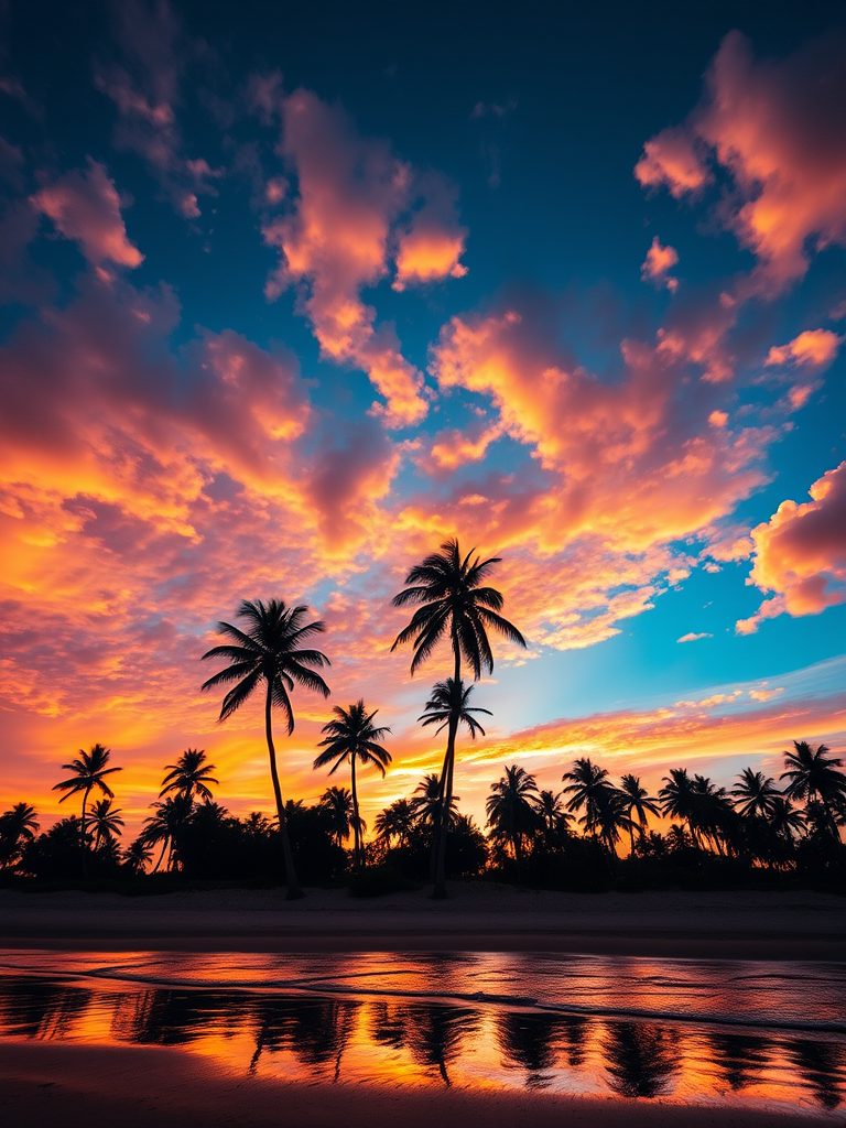 tropical sunset over a beach with palm trees silhouetted against a colorful sky, capturing reflections on the water, shot with a Canon EOS R5, 24mm lens, aperture f/11, shutter speed 1/125s, ISO 100, landscape orientation, high dynamic range photography