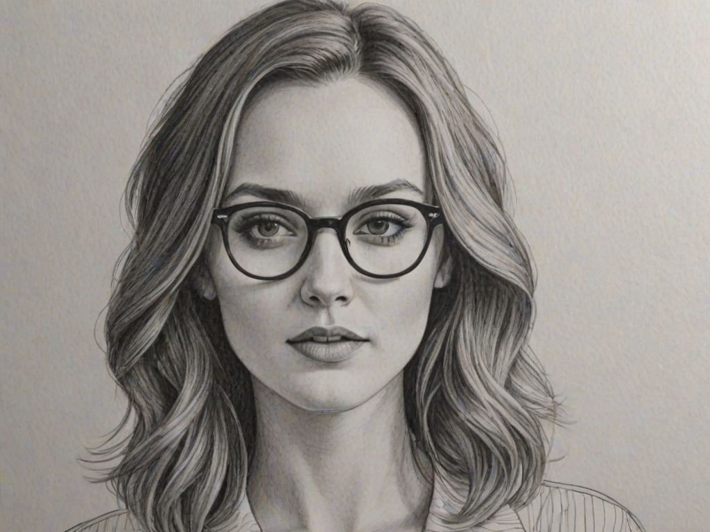 Charming Leighton Meester, pencil sketch, portrait of Bewitching woman 1971s in glasses, hair style beatnik, outline, clear lines, fine lines, 8k